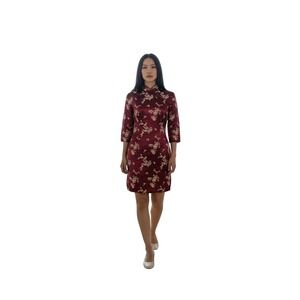 Vintage Floral Cheongsam Dress Mandarin Collar Asian Style Burgundy Size‎ 6